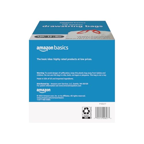 Amazon Basics Tall Kitchen Drawstring Trash Bags, Sturdy and Tear Resistant, 13 Gallon, Unscented, 120 Count - size: 120 Count (Pack of 1)