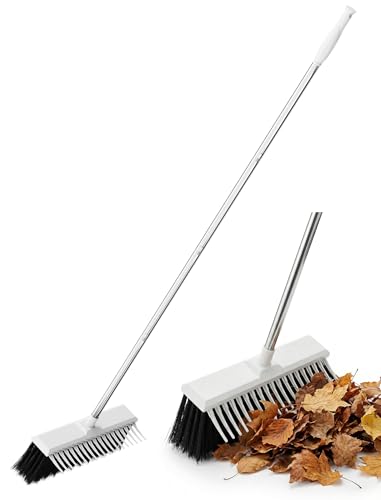 NiHome Heavy-Duty Outdoor Yard Broom with Rake Edge, 63-Inch Adjustable Stainless Steel Pole, 16” Wide Head for Lawn, Deck & Hard Floor Cleaning