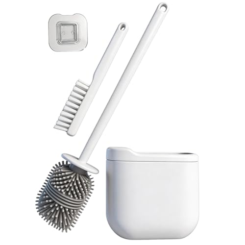 Wall-Mounted Toilet Brush Set with Crevice Tool - [TPR Flexible Head] for [Rim Jet & Crevice Cleaning] - [Draining Holder] for Bathroom, 0.55 lbs, 1.1 lbs Max Load