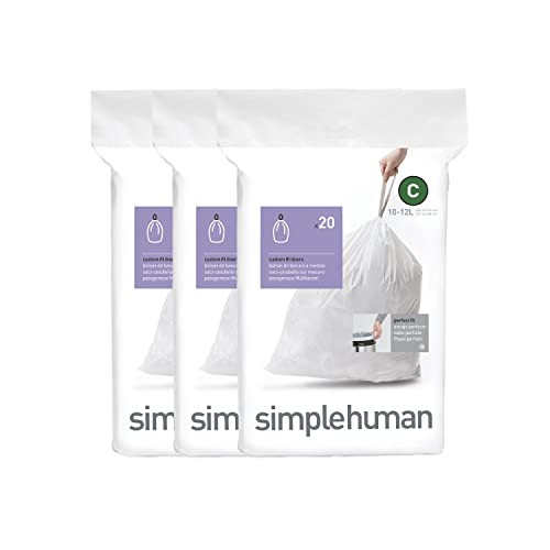 simplehuman Code C 60 Count Custom Fit Liners, Drawstring Kitchen Trash Bags, One-by-One Mess-Free Dispense, Extra Thick & Double Seamed, 50% PCR Plastic, 10-12 Liter / 2.6-3.2 Gallon, White - size: 60 Count (Pack of 1)