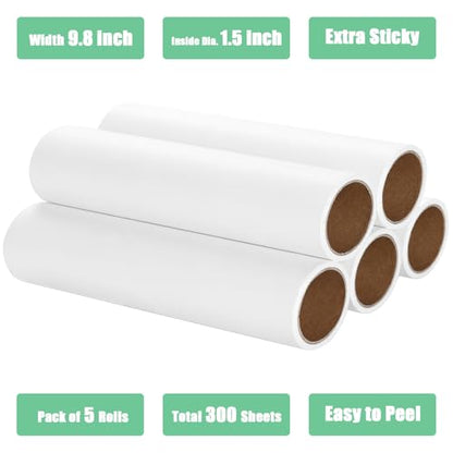 9.8 inch Large Lint Roller Refills Only, 9.8'' Extra-Wide Lint Roller Refill Pack of 5 Rolls Total 300 Sheets for Pet Hair Remover Home Floor Carpet Clothing Sofa Cleaning (9.8'' Wide) - size: 9.8'' Wide (Pack of 5, Total 300 Sheets)