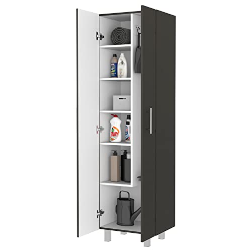 FM FURNITURE Norway Broom Closet Pantry, Five Shelves, Double Door Cabinet,Black/White -Kitchen Room