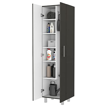 FM FURNITURE Norway Broom Closet Pantry, Five Shelves, Double Door Cabinet,Black/White -Kitchen Room
