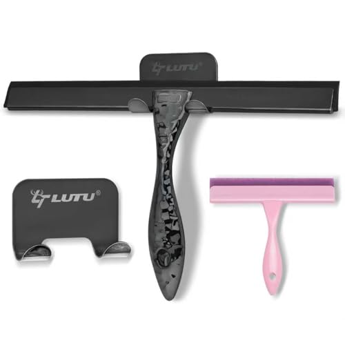 All-Purpose Silicone Shower Squeegee for Shower Glass Door,with 2 Hooks & Pink Mini Squeegee,for Bathroom Glass, Car, Tile Wall, Mirror Cleaning - Easy-Grip Handle 14 Inch Black - color: 1 Pack Black, size: 14-Inch