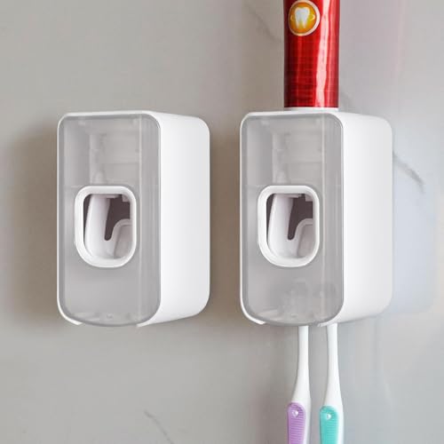 2 Slot Toothbrush Holder and Toothpaste Dispenser Wall Mounted, Automatic Toothpaste Squeezer, 2 in 1 Tooth Brush Toothpaste Organizer for Shower (Clear 2Pack) - color: Clear, size: 2