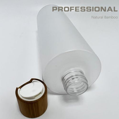 Empty Cosmetic Bottles 16oz/500ml with Bamboo Disc Top Flip Cap for Shampoo Lotion Liquid Soap,Cream,Refilable Plastic Squeeze Travel Size Toiletry Bottles Frost Clear - color: Frost Clear, size: 16.9 Ounces