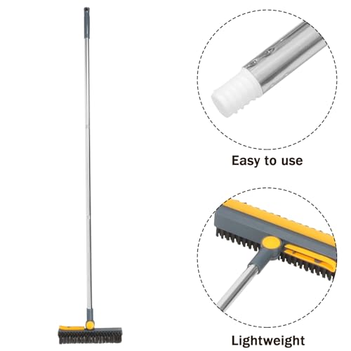 TIDTALEO Bathroom Floor Scrubber Brush with Long Handle, Dual-Function Hard Bristle Scrub and Stainless Steel Squeegee, Blue-Yellow Upgrade for Shower and Tile Cleaning