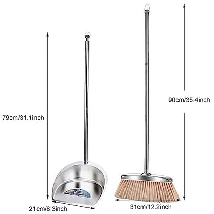 Broom and Dustpan Set with Long Handle, Upright Stainless Steel Dustpan and Broom Combo, Heavy Duty Dust Pans with Broom for Home Kitchen Office Lobby Floor,Brown - color: Brown