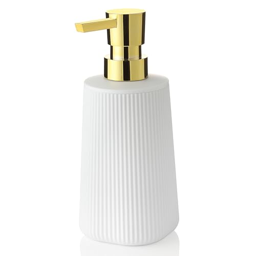 Small Soap Dispenser for Bathroom and Kitchen, Modern Farmhouse Striped Style Plastic Hand Soap Dish Soap Dispenser with Pump Matte White and Gold - color: White and Gold