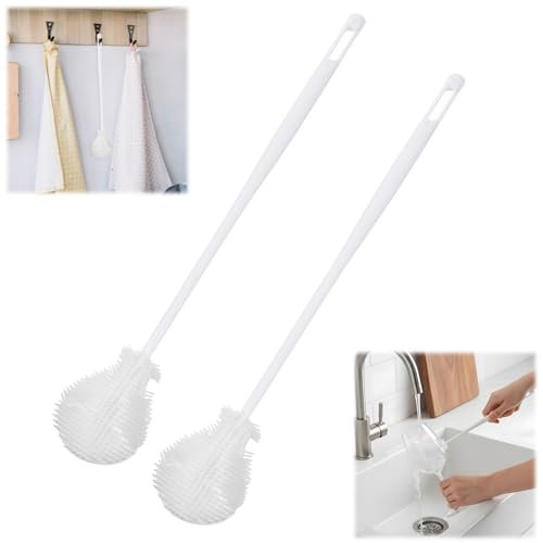 2 PCS Silicone Bottle Cleaning Brush, 360° Flexible Silicone Brush with Long Handle, Soft Petite Cleaner for Baby Bottle, Straw, Jar, Coffee Cup, White