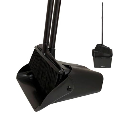 Broom and Dustpan Set with Long Handle and Wheels, Upright Standing Heavy Duty Large Dust Pan and Broom Combo for Indoor Outdoor, Kitchen, Garage, Restaurant Cleaning – Black