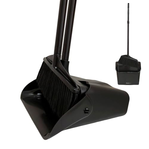 Broom and Dustpan Set with Long Handle and Wheels, Upright Standing Heavy Duty Large Dust Pan and Broom Combo for Indoor Outdoor, Kitchen, Garage, Restaurant Cleaning – Black