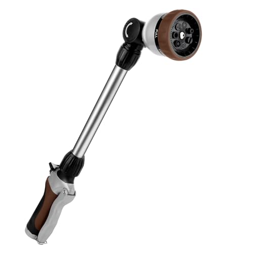 RESTMO Metal Watering Wand, Heavy Duty Garden Hose Wand with 180° Swivel Ratcheting Head, 16'' Hose Nozzle Sprayer with 7 Spray Patterns and Flow Control, for Water Hanging Baskets and Shrubs, Brown - color: Brown