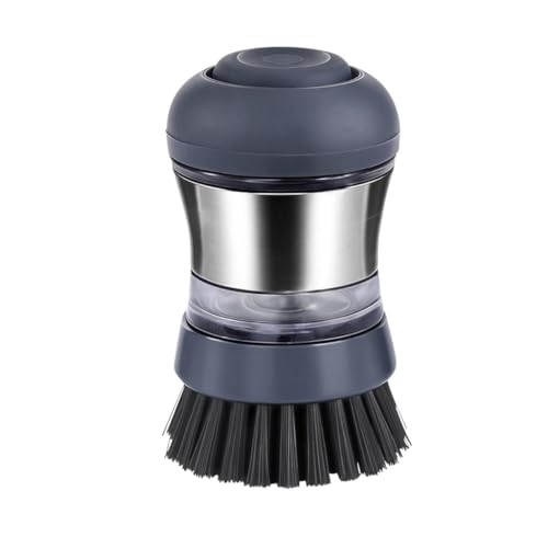 Stainless Steel Soap Dispensing Palm Brush for Pans & General Kitchen Dish Scrub | Grey Bristles | Dishwasher Safe