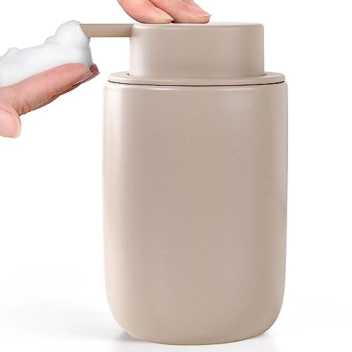 BosilunLife Foam Soap Dispenser - Ceramic Foaming Hand Wash Dispenser for Bathroom Modern Farmhouse Small Soap Dispenser Lotion Hand Pump Dispenser for Kitchen Sink (Khaki, Foam Pump) - color: Khaki-foam Pump