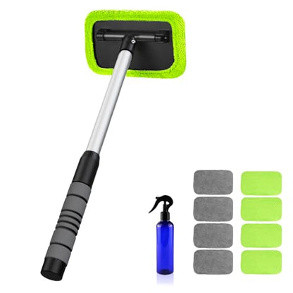 XINDELL Windshield Cleaner Tool – Car Window Cleaning Tool Extendable Handle for Easy Cleaning, 9pcs Reusable Microfiber Pads, Streak-Free Interior & Exterior Auto Glass Cleaner (Green) - size: 17in