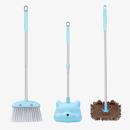 28'' Kids Mini Broom with Dustpan & Mop Set - Toddler Cleaning Toy, Toddler Household Helper, Parent-Child Interactive Play Cleaning Tool, Cute Cartoon Design, Small Safe Corner Broom (Blue) - color: Blue, size: Broom Set & Mop