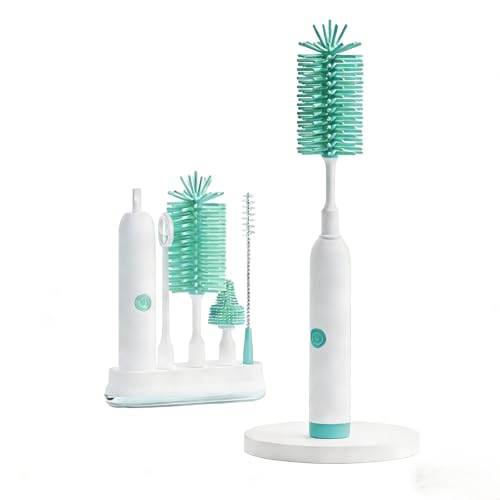 Rechargeable Electric Bottle Brush with Stand - 360° Spin Silicone Cleaner for Baby Bottles, Breast Pumps & Small Household Containers (Light Green) - color: Light Green