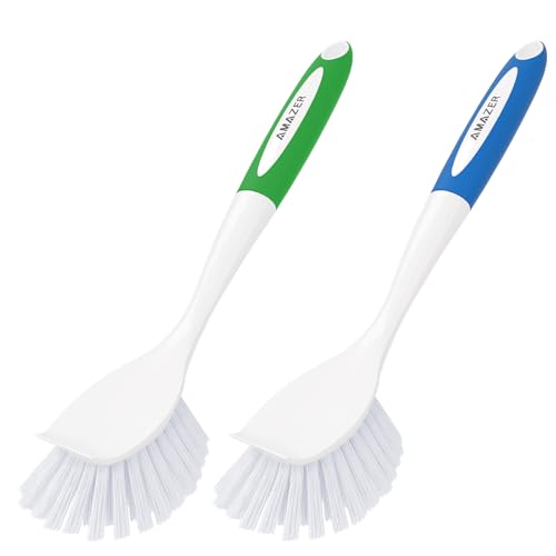 Amazer Dish Brush with Handle, 2 Pack Kitchen Scrub Brushes for Cleaning, Dish Scrubber with Stiff Bristles for Sink, Pots, Pans - color: Blue+green, size: 2 Pack