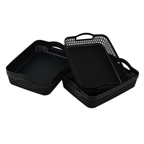 Set of 6 Large Plastic Storage Basket Tray, Black Shallow Paper Basket with Handle