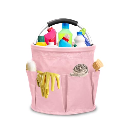 Qivine 17L Cleaning Caddy with Handle, Cleaning Supply Caddy Foldable Tool Bag Cleaning Products Organizers Portable Cleaning Bucket Organiser for Storing Towels (Pink) - color: Pink