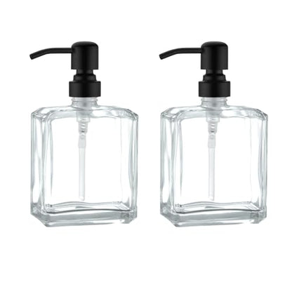 Square Clear Glass Dish Soap Dispenser Set 2 Pack, Black Refillable Hand Soap Dispenser with Rust Proof Stainless Steel Pump 2 x 13.5 oz Lotion Dispenser for Bathroom Vanity Kitchen - color: Black, size: 2X13.5oz-Square