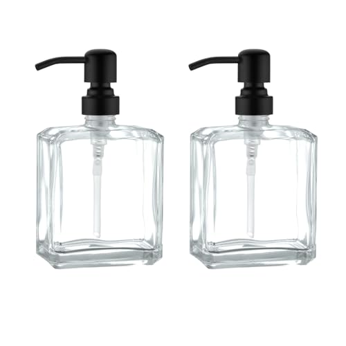 Square Clear Glass Dish Soap Dispenser Set 2 Pack, Black Refillable Hand Soap Dispenser with Rust Proof Stainless Steel Pump 2 x 13.5 oz Lotion Dispenser for Bathroom Vanity Kitchen - color: Black, size: 2X13.5oz-Square