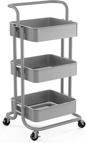 Pipishell 3 Tier Mesh Utility Cart, Rolling Metal Organization Cart with Handle and Lockable Wheels, Multifunctional Storage Shelves for Kitchen Living Room Office Grey - color: Gray, size: 3-Tier