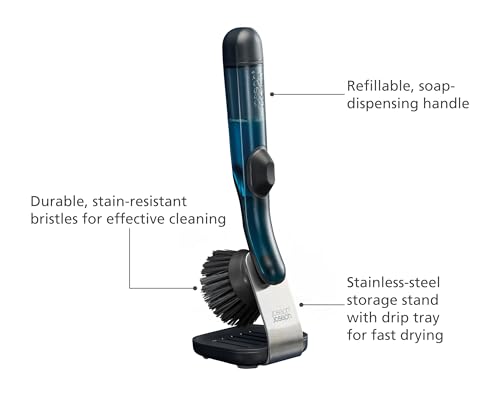 Joseph Joseph SinkTech Refillable Soap-Dispensing Dish Brush with Stainless Steel Storage Stand Drip Tray - style: Soap dispensing Brush with Stand