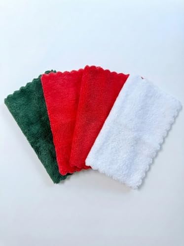 Extra Large Microfiber Scalloped Edge Kitchen & Home Cleaning Towels (16"x19", 4-Pack (Red, Green, & White) - Ultra Plush, Lint Free, Reusable, Non-Scratch, Highly Absorbent Dish Cloths - Everyday Use - color: Red & Green (4-pack)