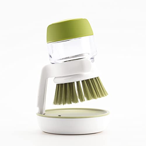 Dish Brush with Soap Dispenser, Dishwashing Kitchen Scrub Brushes Dish Scrubber with Holder Drip Tray, for Cleaning Pan, Pot, Sink - color: Green
