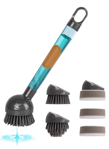 Soap Dispensing Dish Brush with Handle, 360° Rotating Head, 5-Piece Kitchen Cleaning Set (2 Brush Heads & 3 Sponges), Non-Scratch Scrubber for Pot, Pan, Sink, Leak-Proof Dishwand, Grey