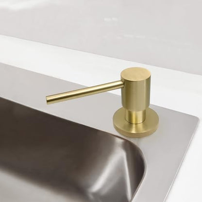 EADOT Brushed Gold All Brass Sink Soap Dispenser for Kitchen Sink Deck Mounted with 17 OZ Above The Sink Refillable PET Bottle Brass Pump Head in Counter Dish Soap Dispenser - color: Brushed Gold