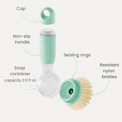 Vigar Rengo Dish Brush with Soap Dispenser - Dish Scrubber with Handle, Kitchen Scrub Brush for Dishes, Sink Cleaning Brush, Soap Dispensing Dish Wand with Nylon Bristles, Non Scratch - Turquoise - color: Turquoise