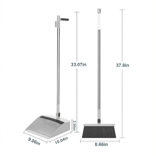 Broom and Dustpan Set, Long Handle Standing Broom with Self-Cleaning Comb Teeth, Heavy Duty Broom Dustpan Combo for Home Kitchen Office Floor Pet Hair Cleaning (White) - color: White