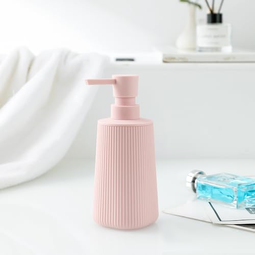 Small Soap Dispenser for Bathroom and Kitchen, Modern Farmhouse Striped Style Plastic Hand Soap Dish Soap Dispenser with Pump Matte Pink for Girls - color: Light Pink