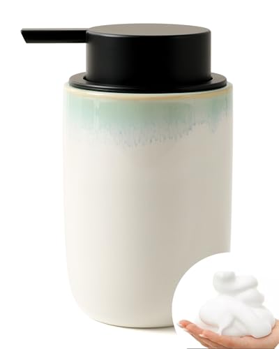 BosilunLife Hand Soap Dispenser - Foam Soap Dispenser Bathroom Ceramic Dish Liquid Soap Dispenser for Kitchen, Bathroom Countertop Soap Dispensers (White with Blue-Green Rim Foam Pump) - color: White With Blue-green Rim Foam Pump