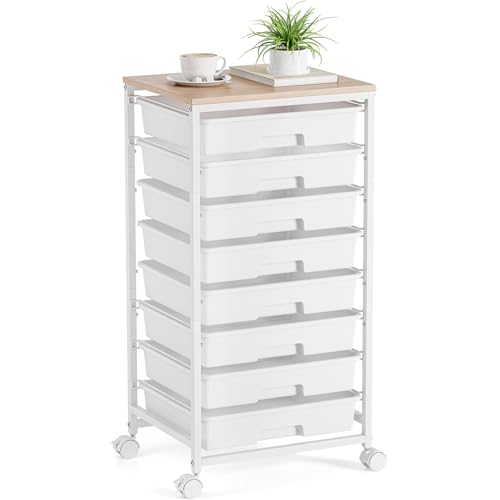 Storage Cart with 8 Drawers, Utility Cart with White Drawers and Wooden Tabletop, Craft Cart, Teacher Organization for Classroom,White - color: White