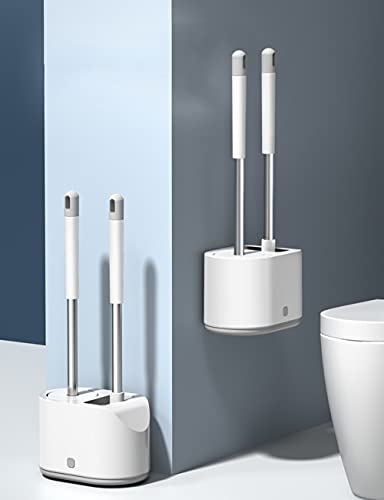 Multifunction Double Brush Toilet Brush Holder, Long Handle Wall-Mounted Toilet Brush Plunger Set, Ventilated Quick-Drying Silicone (Color : Gray, Size : Wall Hanging)