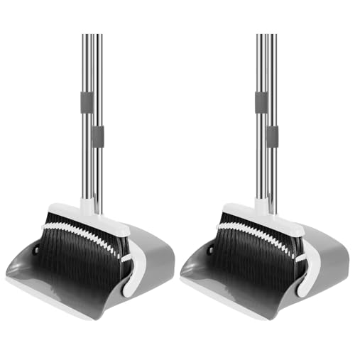 NACENA Broom and Dustpan Set, 52-in Long Adjustable Handle Broom Dustpan Combo with Dustpan Teeth to Automatically Clean Hair Suitable for Home Kitchen Office Hall Floor (Grey&White), 2 Pack - color: Grey-white, size: 2 Pack