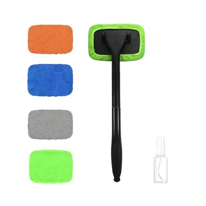Car Windshield Cleaning Tool, Vehicle Window Wash Brush with 4 Washable and Reusable Microfiber Pads, Extendable Handle Automotive Glass Wiper Cleaning Kit, Universal Fit