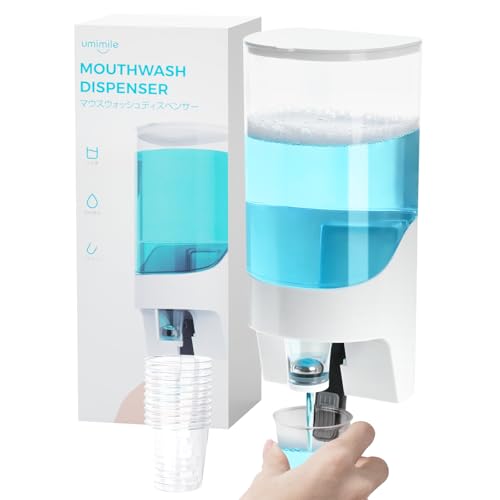 Umimile Mouthwash Dispenser for Bathroom, Plastic Mouthwash Dispenser Wall Mounted, 30.4oz(900ml) Mouthwash Container with 10Pcs Reusable Cups,White