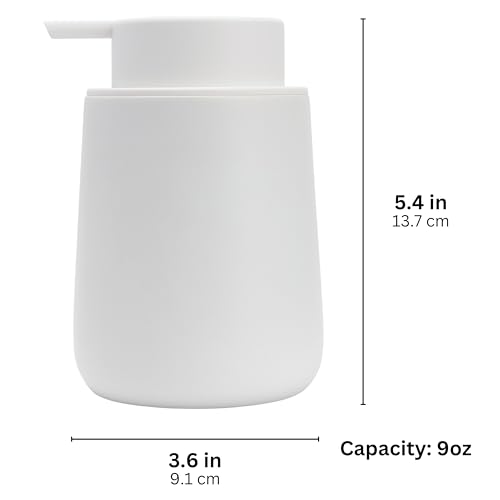Matte White Round Soap Dispenser for Kitchen & Bathroom – 9 oz Refillable Resin Pump Bottle for Dish Soap, Hand Soap, Shampoo, Conditioner – Modern Countertop Dispenser with Non-Slip Protective Pads - color: White, style: Round Short Soap Dispenser