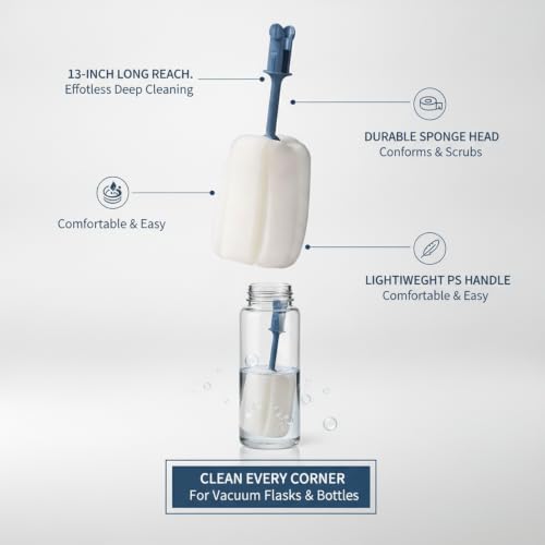 Long Handle Bottle Brush with Sponge Head, 13 Inch Cleaning Tool for Vacuum Flask and Narrow Neck Containers (1 PC) - color: Blue