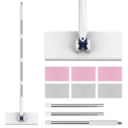 Snap Grip Mini Mop with 6 Washable Pads, Dust Mop Household Items for Wall Window Ceiling, Lazy Dry Wet Mops for Floor Cleaning for Home Kitchen Bathroom, Zero-Touch Flat Floor Mops with 47" Handle