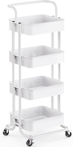 Pipishell 4 Tier Rolling Cart, Metal Utility Cart with Wheels and Handle, Rolling Storage Cart for Nursery Room, Living Room, Painting Room, Office and Kitchen, White - color: White, size: 4-Tier