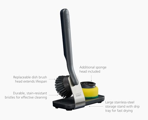 Joseph Joseph SinkTech Dish Brush and Sponge Set with Replacable Heads and Large Stainless-Steel Storage Stand Drip Tray - style: With Storage