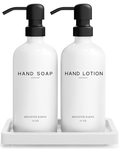 White Glass Soap and Lotion Dispenser Set with Tray by Brighter Barns - Hand Soap Dispenser Bathroom Set & Stainless Steel Pump for Home, Vacation Rental - Modern Bathroom Accessories & Decor (White) - color: White Sl