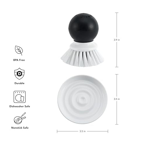KitchenAid Palm Brush with Dish Tray to Keep Countertops Dry and Clean, Durable Nylon Bristles for Tough Cleaning, Dishwasher Safe, 2 Piece, Black - color: Black