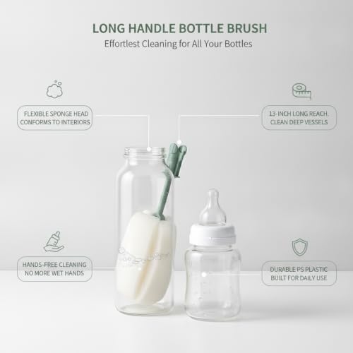 Long Handle Bottle Brush with Sponge Head, 13 Inch Cleaning Tool for Vacuum Flask and Narrow Neck Containers (1 PC) - color: Green